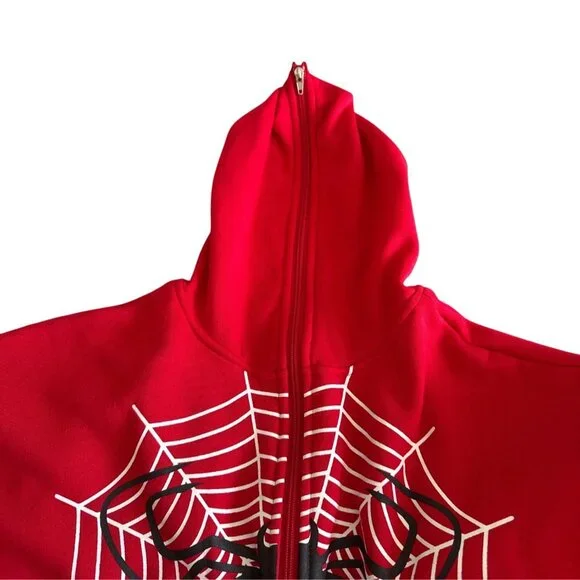 Red Spider Web Zip Up Hoodie Graphic Print Polyester Blend - Picture 5 of 5